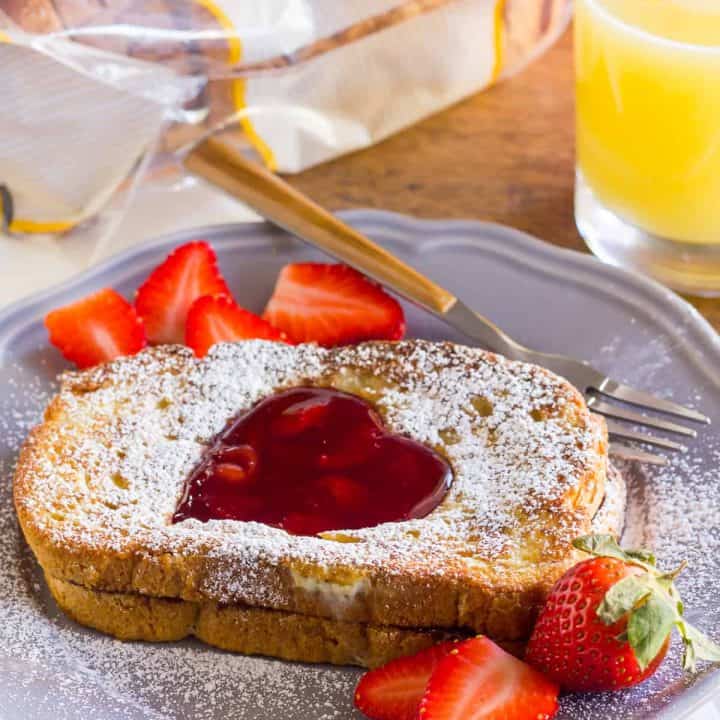 Share Gluten-Free Nutella Stuffed French Toast with a cherry-jam heart with your sweetheart for Valentine's Day.