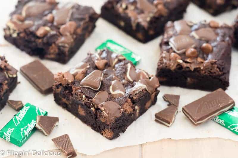 Gluten Free Andes Mint Brownies have the perfect balance between a fudgy, chewy, and cakey brownie. Loaded with Andes mints and milk chocolate chips, they were dubbed by my husband, "The perfect brownie for everyone."