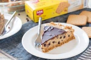 Gluten Free Cookie Dough Pie (dairy free too) with a crisp graham cracker-style crust filled with gluten free edible cookie dough and topped with chocolate.