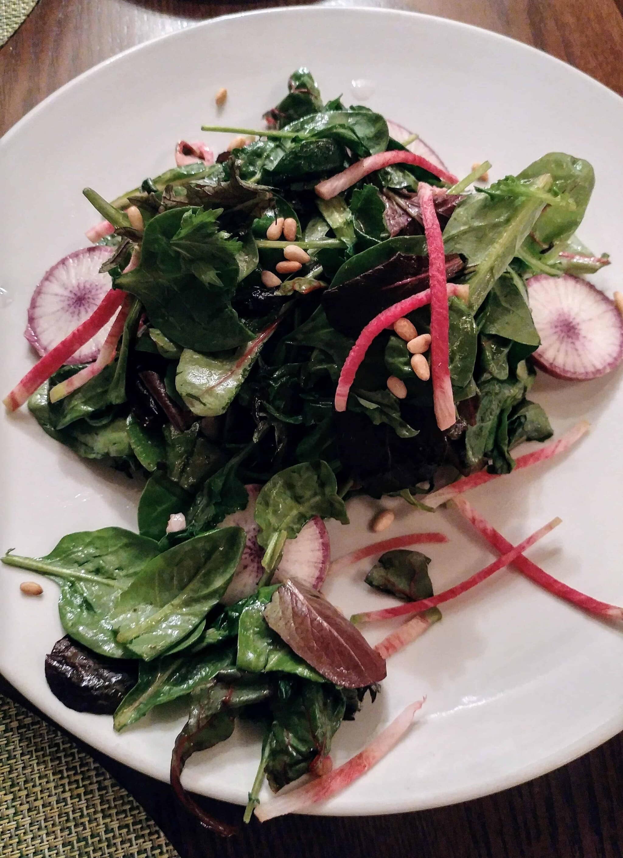 salad with lettuce, spring mix and radish from the artisan restaurant at ojo caliente new mexico