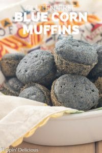 Easy gluten free blue corn muffins- sweet, tender, with a golden crust. Made WITHOUT all-purpose gluten free flour with a dairy free option.