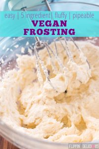 vegan frosting in bowl with beaters with text "easy| 5 ingredient| pipablevegan buttercream frosting"