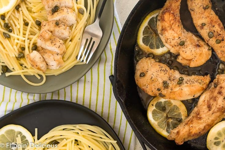 Classic Gluten Free Chicken Piccata makes a great weeknight meal, or easy at home date-night dinner. Crisp and golden buttery chicken in a light lemon butter sauce with capers, served with gluten-free pasta. Just like classic chicken piccata but made gluten-free.