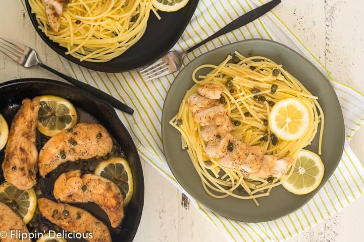 Classic Gluten Free Chicken Piccata makes a great weeknight meal, or easy at home date-night dinner. Crisp and golden buttery chicken in a light lemon butter sauce with capers, served with gluten-free pasta. Just like classic chicken piccata but made gluten-free.