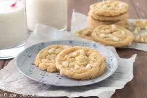 Gluten Free White Chocolate Macadamia Nut Cookies- Classic buttery white chocolate chip cookies with macadamia nuts. No chill gluten free cookie dough with a Dairy-free option. #glutenfree #glutenfreecookies #whiteChocolate #dairyfreecookies #dairyfree #macadamianut
