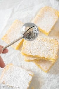 powdered sugar duster sprinkling powdered sugar over a stack of gluten free lemon bars