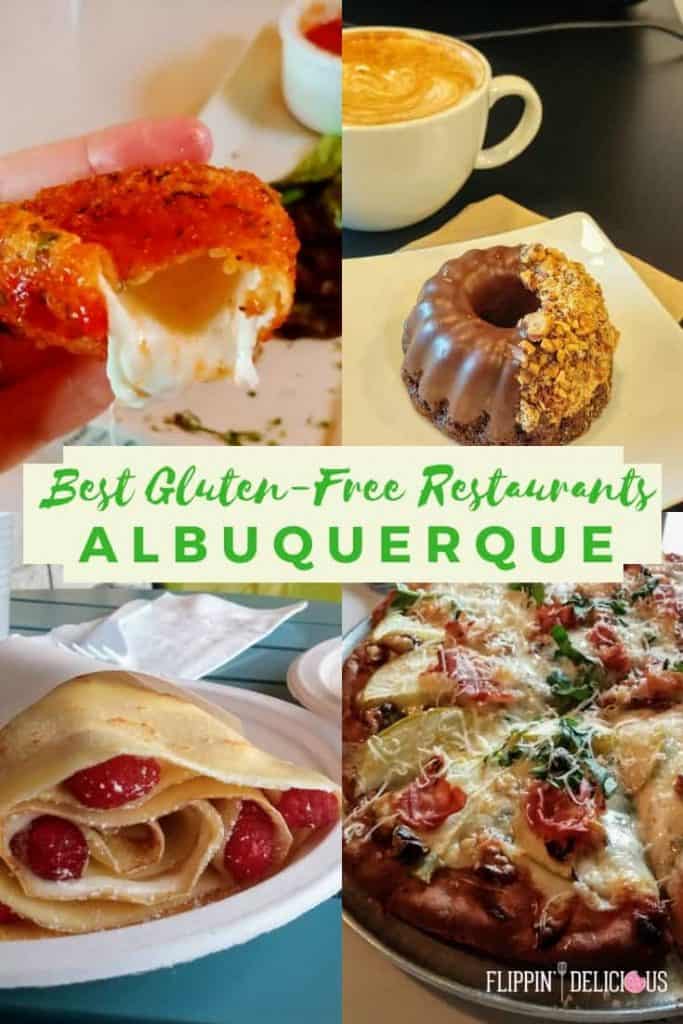 best gluten free restaurants albuquerque photo collage with gluten free fried mozzarella, vegan gluten free donut and latte, gluten free crepe with cheesecake filling and raspberries, gluten free pizza