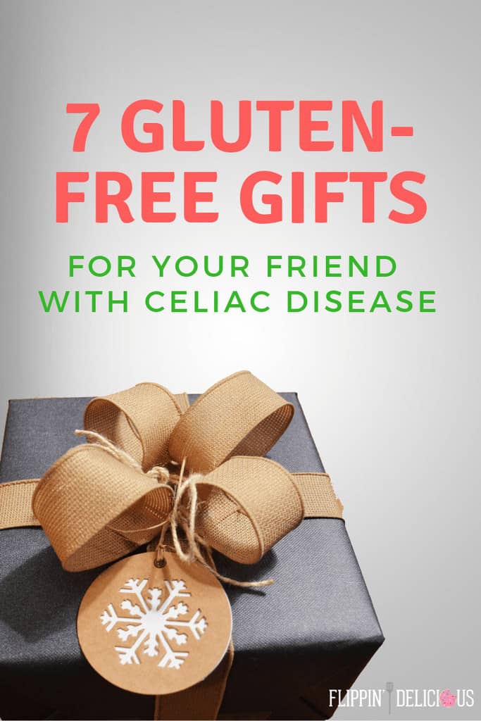 picture of wrapped gift with text "7 gluten free gifts for your friend with celiac disease