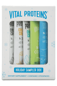 vital proteins holiday sampler box with collagen creamer, vanilla collagen creamer, coconut collagen creamer, collagen matcha, and collagen peptides