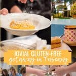 collage of images from jovial gluten free getaway in tuscany including pumpkin risotto being sprinkled with parmesan, espresso and scone overlooking the gardens at the villa, attendees making gnudi at the pasta cooking class, and attendees making gluten free baguettes at the gluten free bread class.