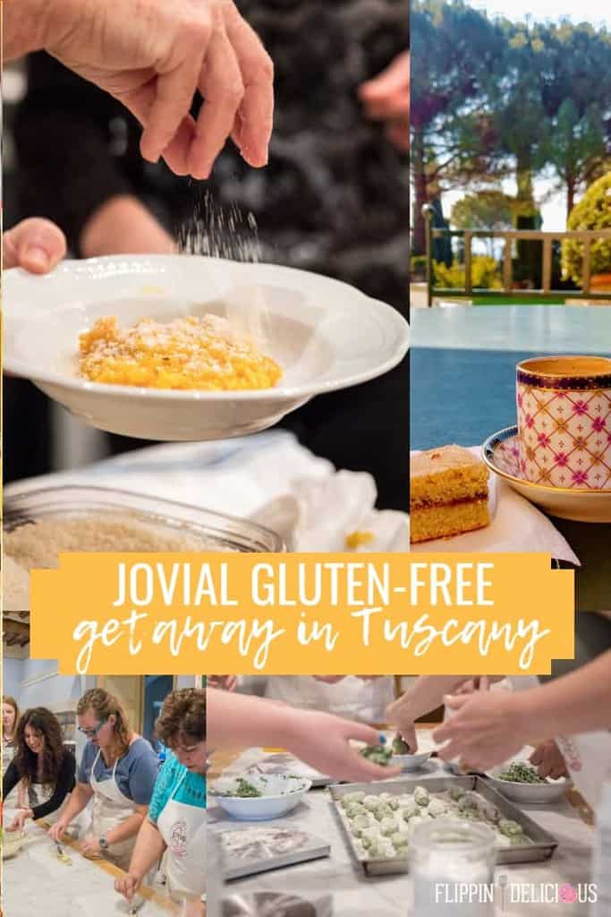 collage of images from jovial gluten free getaway in tuscany including pumpkin risotto being sprinkled with parmesan, espresso and scone overlooking the gardens at the villa, attendees making gnudi at the pasta cooking class, and attendees making gluten free baguettes at the gluten free bread class.