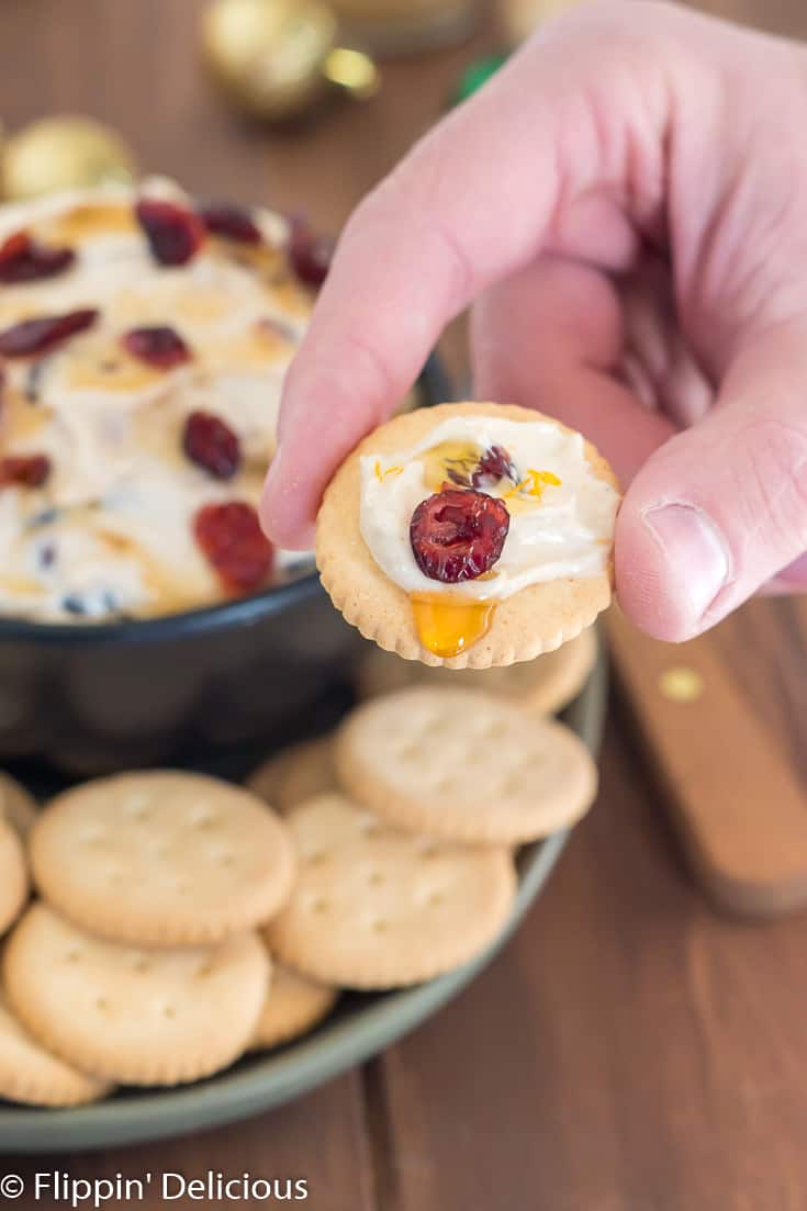 hand holding schar gluten free entertainment cracker topped with cranberry cream cheese dip drizzled with honey sprinkled with dried cranberries over black bowl on green plate filled with gluten free entertainment crackers on wooden table with sliced oranges, honey, and ornaments in the background