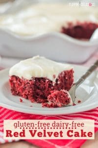 gluten free red velvet cake image with text "gluten free dairy free red velvet cake"