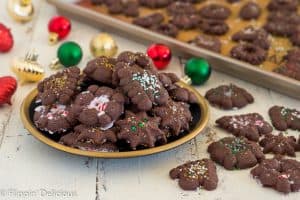 gluten free chocolate spritz cooki red, green, and gold christmas ornaments
