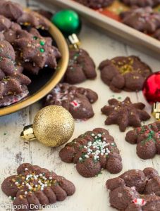 gluten free chocolate spritz cooki red, green, and gold christmas ornaments