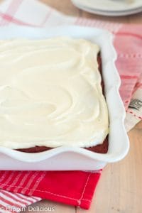 frosted gluten free dairy free red velvet cake in sheet pan image