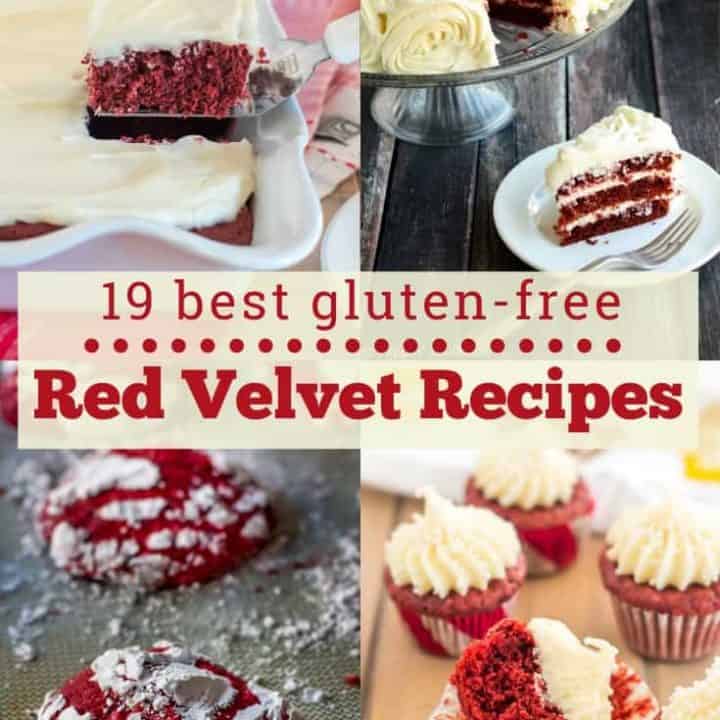 A collage with images of gluten free red velvet sheet cake, gluten free red velvet cake with three layers and cream cheese frosting rosettes, gluten free red velvet crinkle cookies, and gluten free red velvet mini cupcakes with cream cheese frosting with the text "19 best gluten-free red velvet recips"