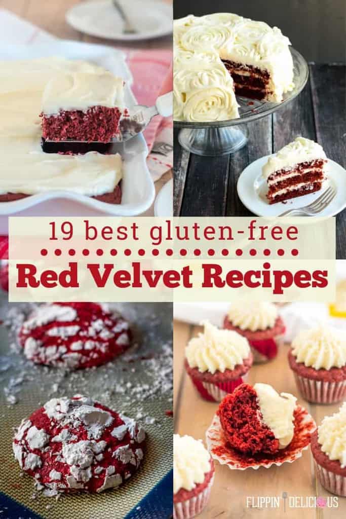 A collage with images of gluten free red velvet sheet cake, gluten free red velvet cake with three layers and cream cheese frosting rosettes, gluten free red velvet crinkle cookies, and gluten free red velvet mini cupcakes with cream cheese frosting with the text "19 gluten -free red velvet recips"