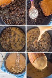 collage with six images, showing step-by-step how to make gluten free cream of mushroom soup. 1. sauting mushrooms 2. adding gluten free flour 3. golden brown mushroom and gluten free flour gluten free roux 4. adding milk and broth 5. whisking together before heating 6 finished gluten free mushroom soup dripping off a wooden spoon