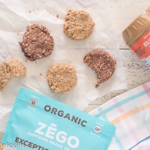 Overhead view of no bake cookies beside zego oats and SunButter
