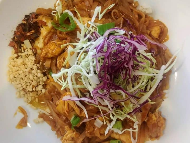 spicy jungle noodles from Thai Kitchen made gluten free garnished with shredded cabbage.