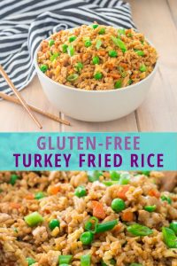 gluten free ground turkey fried rice with carrots, peant, and green onions with text "gluten free turkey fried rice"