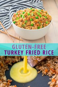 gluten free ground turkey fried rice recipe collage with finished fried rice in tan bowl with image of adding eggs to scramble in fried rice