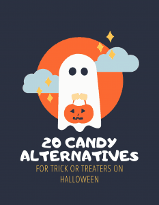cartoon ghost holding pumpkin basket with text 20 candy alternatives for halloween