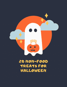 cartoon ghost holding pumpkin basket with text 20 non food treats for halloween