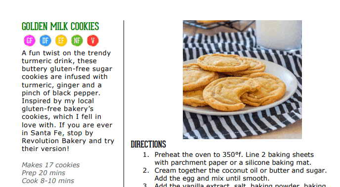 screen shot of allergen labeling in gluten free cookies all year round, recipe for golden milk cookies with symbols to show gluten free, dairy free, egg free, nut free, and vegan