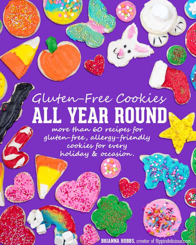 cover of gluten free cookies all year round, decorated gluten free sugar cookies for every holiday all year on a purple background