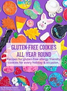 cover of gluten free cookies all year round, overhead view of decorated gluten free sugar cookies for every holiday