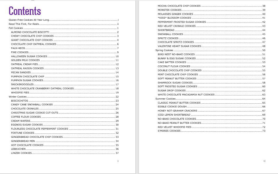 screen capture of table of contents listing all recipes in gluten free cookies all year long