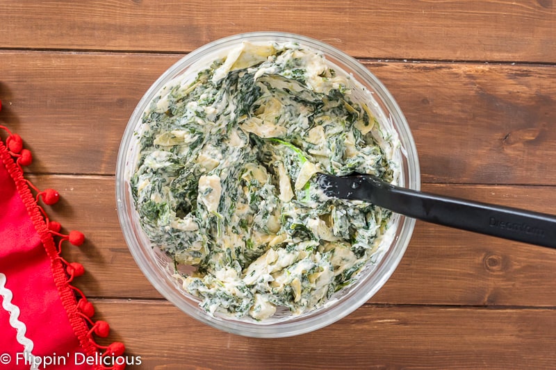 gluten free spinach artichoke dip mixed up, before adding chese