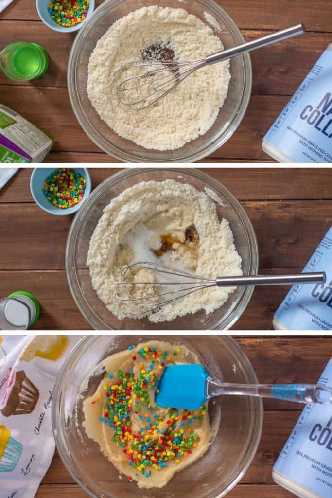 step by step collage of how to make sugar cookie protein bites low carb, step one whisk dry ingredients, step 2 add wet ingredients and mix, step three add sprinkles and chill then roll into balls