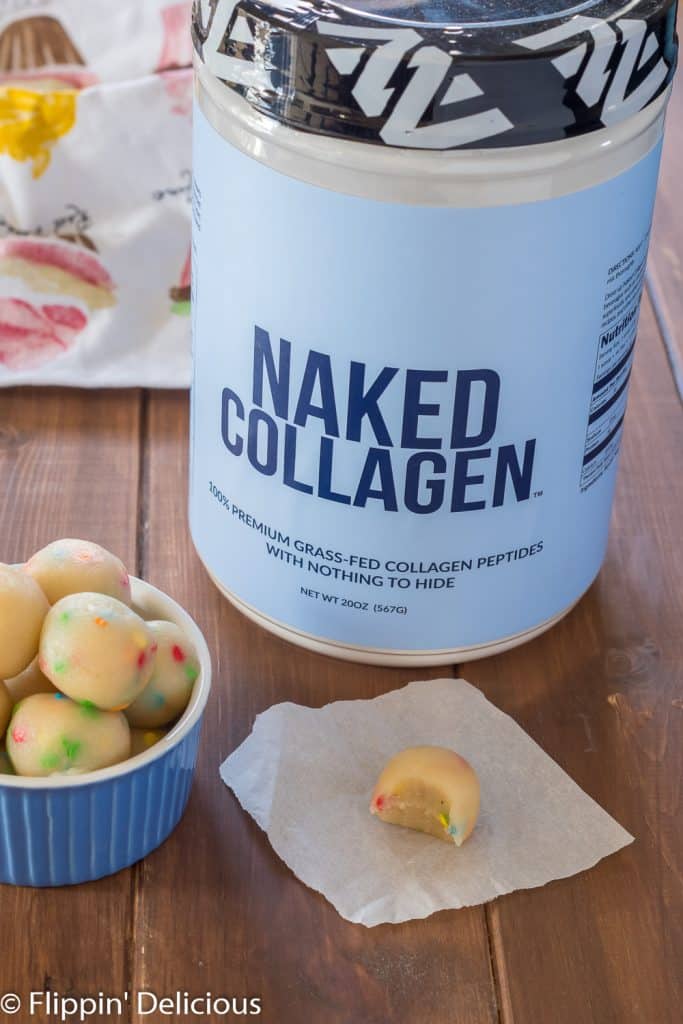 naked collagen peptides from naked nutrition, beside sugar cookie protein bites made with collagen peptides