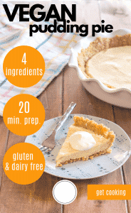 slice of vanilla vegan pudding pie with gluten free crust on blue plate on a wooden table with text "4 ingredients 20 min prep gluten and dairy free"