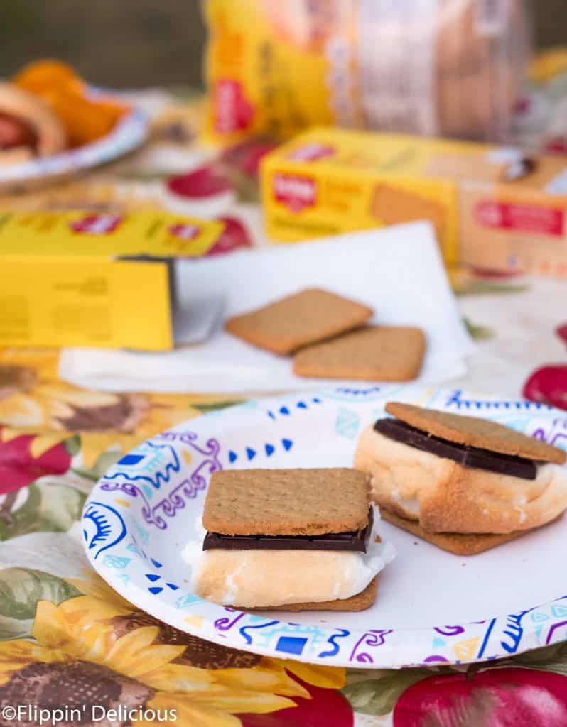 gluten free s'mores on gluten free honeygrams on a picnic table with gluten free graham crackers and a gluten free hot dog in the background