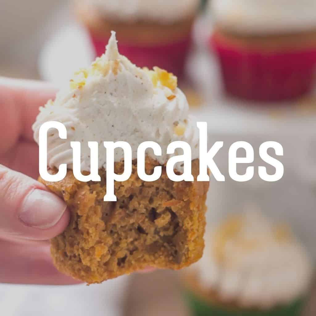 gluten free carrot cake cupcake with text "cupcakes"