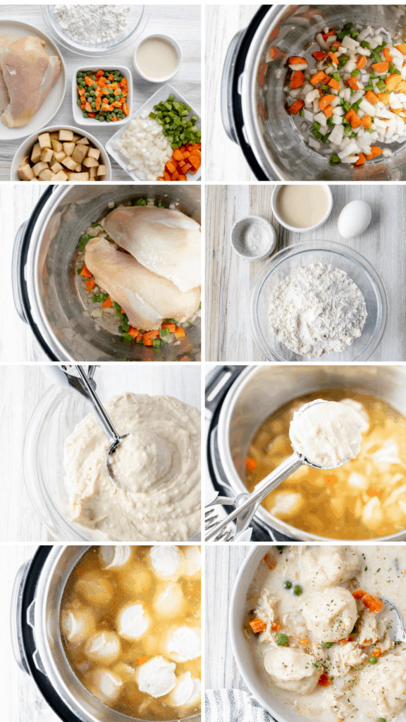 step by step pictures of how to make gluten free chicken and dumplings. first gather ingredients, next saute mirepoix, add chicken potatoes and water, gather dumpling ingrdients, mix and scoop dumpling batter into soup, simmer dumplings, and serve. 