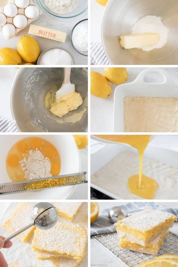 step by step images to make gluten free lemon bars, image one, ingredients to make lemon bars on a table, image two butter and powdered sugar in a metal mixing bowl, image three creaming butter sugar and egg white, image four, pressing gluten free shortbread crust into a white baking dish, image five grating lemon zest into white bowl with eggs , gluten free flour, sugar, and lemon juice for the gluten free lemon square filling, image size pouring lemon curd filling over gluten free shortbread crust, image seven, dusting lemon bars with powdered sugar, image eight finished two gflemon bars stacked on top of each other on a metal cooling rack. 