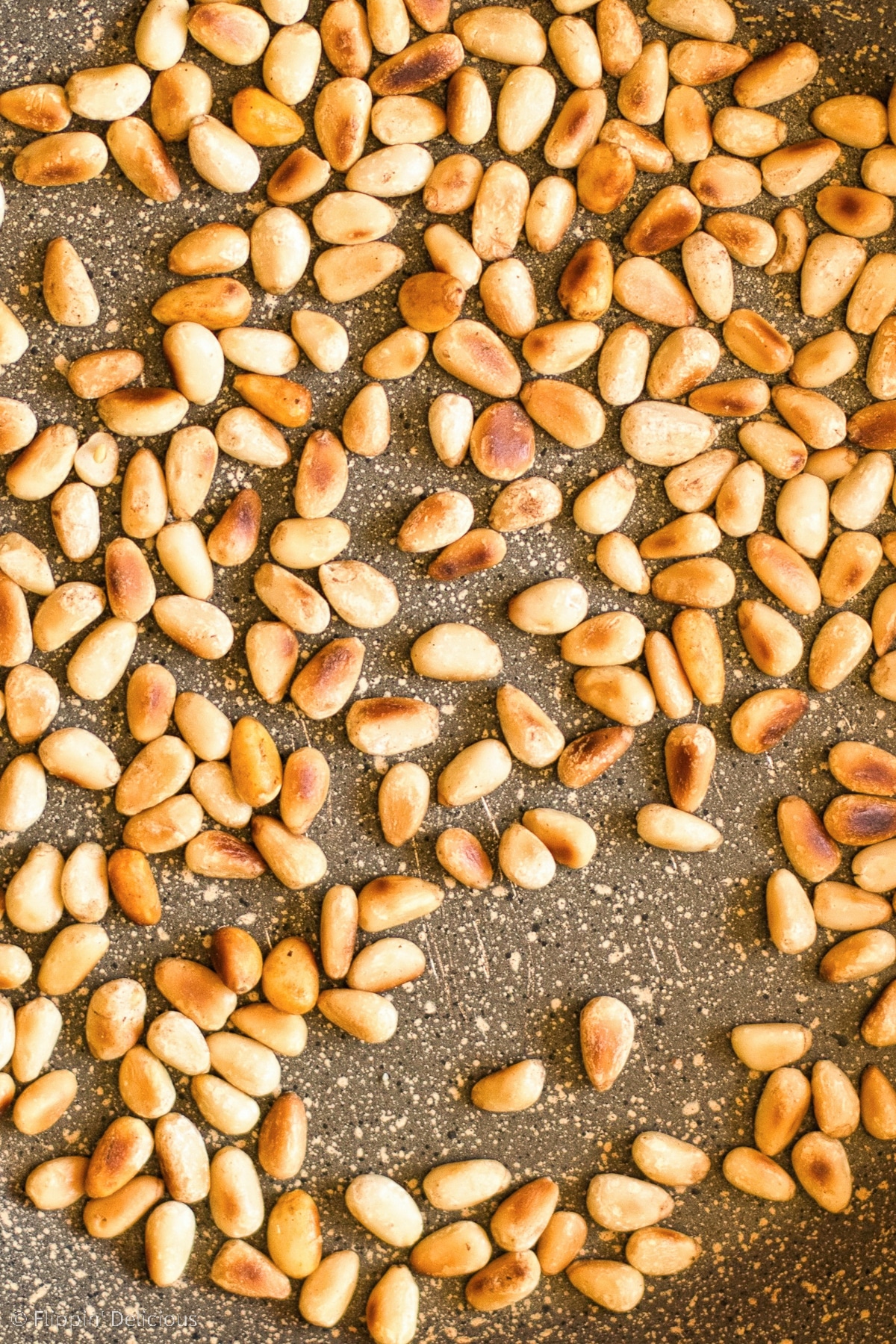 Close up photo of toasted pine nuts in a pan