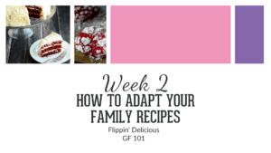 How to adapt family recipes text on a slide show with pink and purple blocks with photo of red velvet cake and cookies
