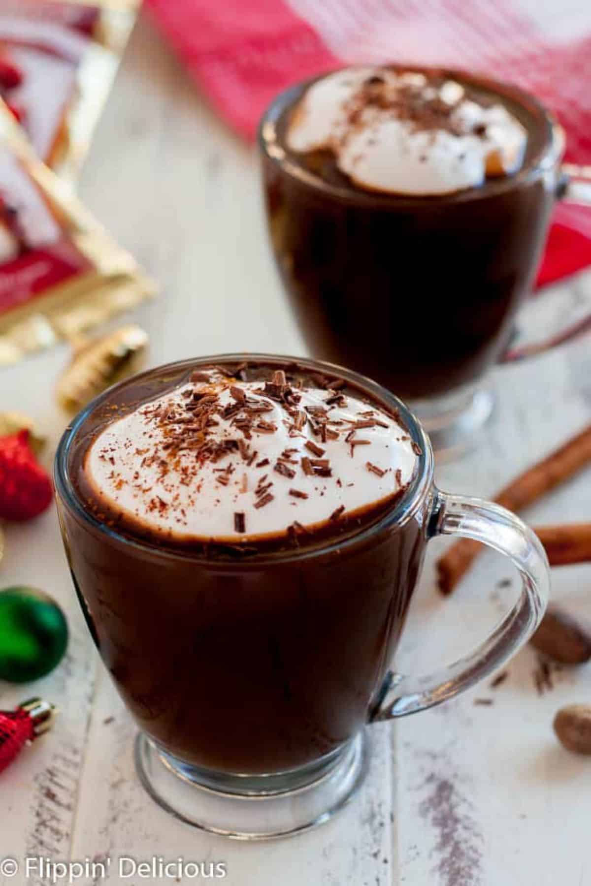 Vegan Mexican Hot Chocolate in two glass cups.