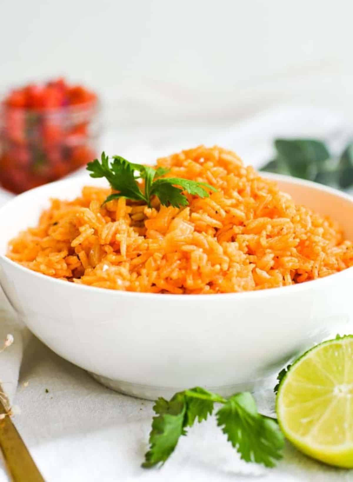Gluten-Free Mexican Rice in a white bowl.
