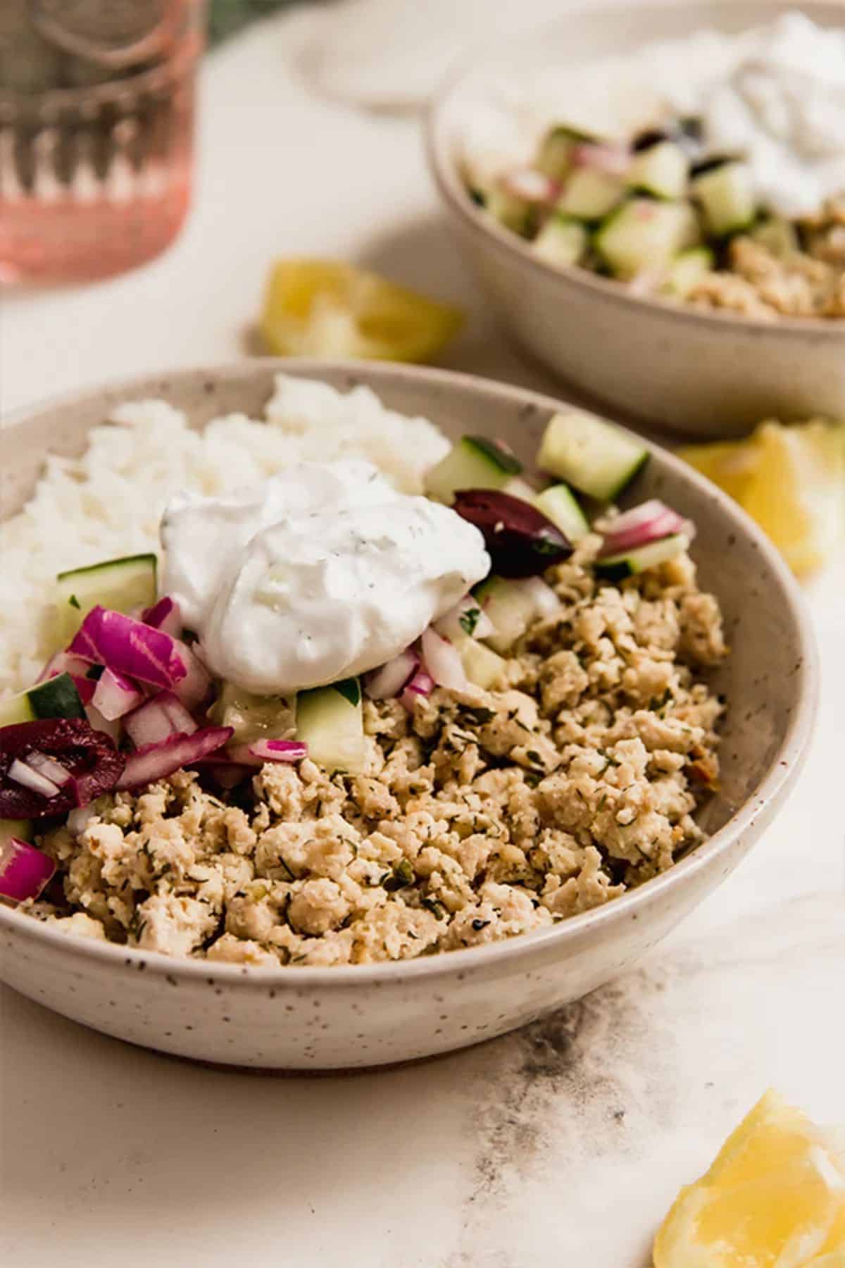 Healthy Greek Ground Chicken in a gray bowl.