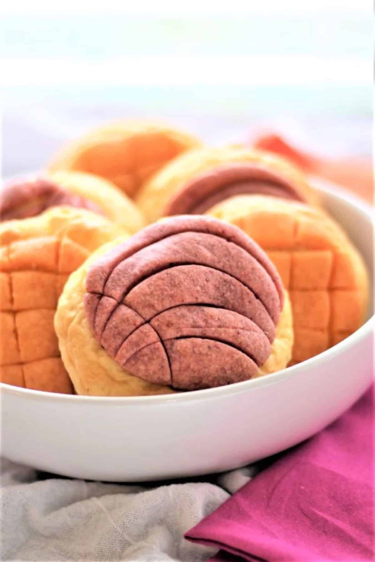 Gluten-Free Mexican Conchas in a white bowl.