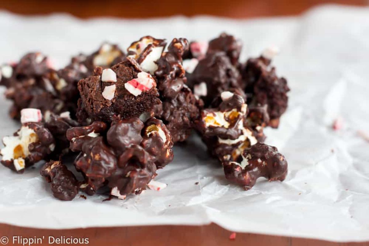 Gluten-Free chocolate Popcorn on a parchment paper.