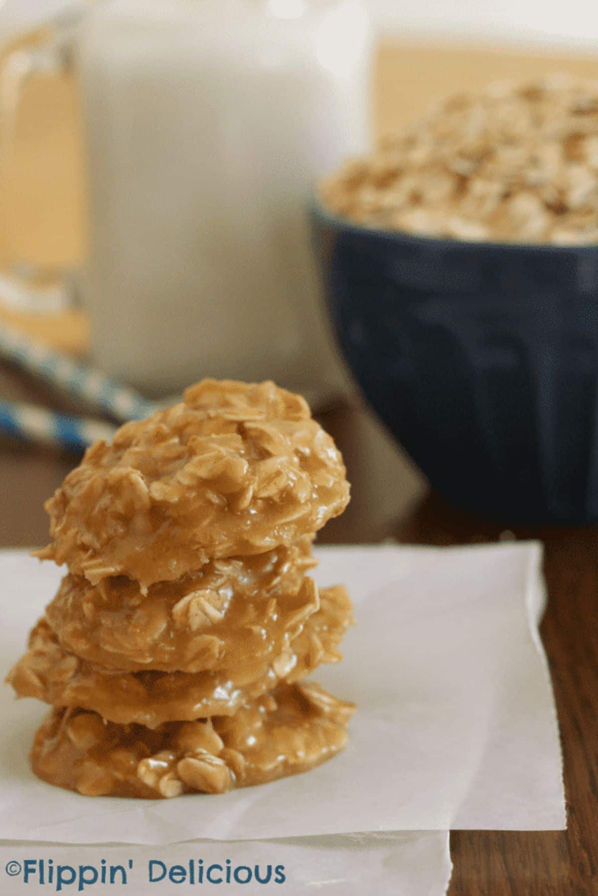 A stack of No Bake Gluten-Free Peanut Butter Cookies.