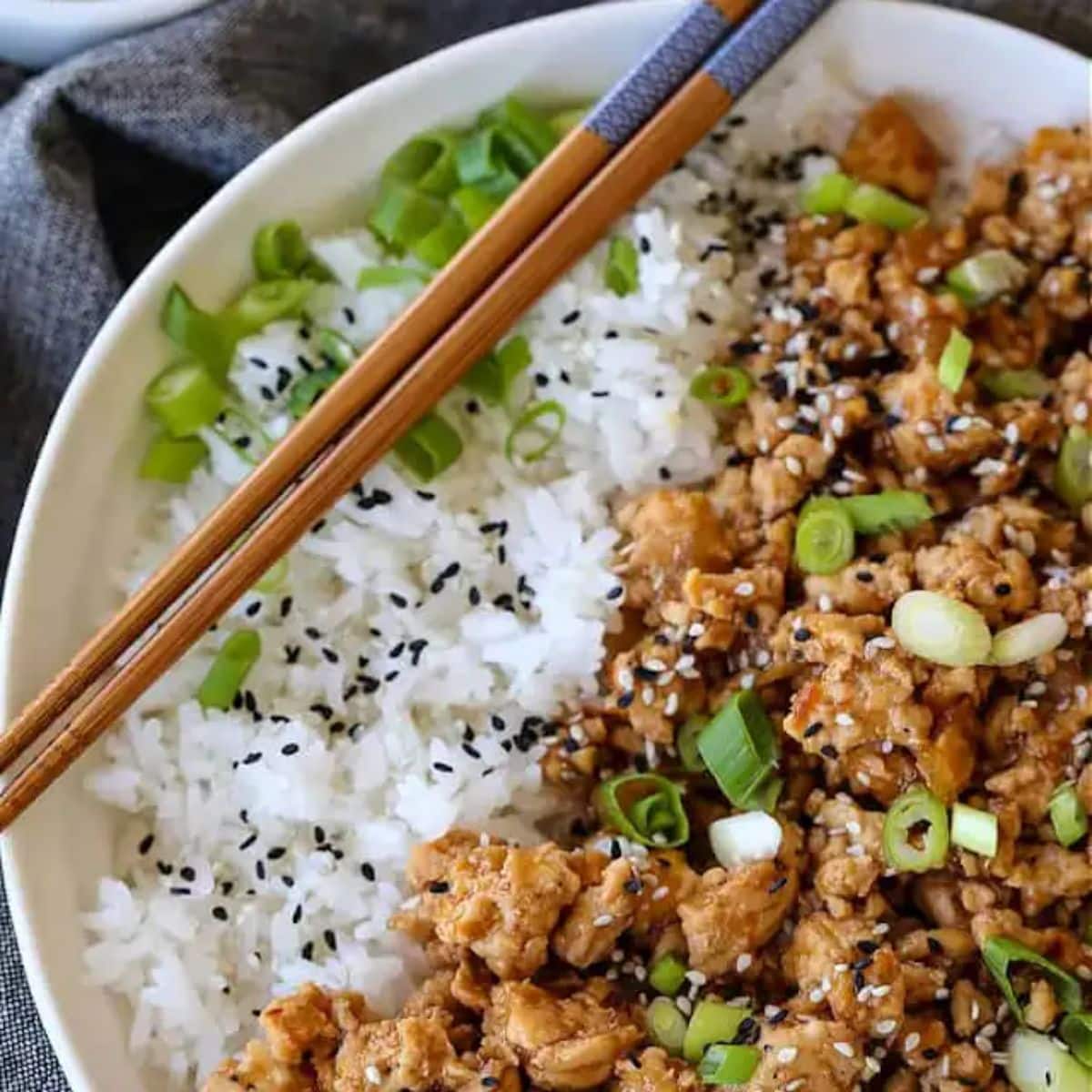 Sesame Ground Chicken with rice on a white plate.
